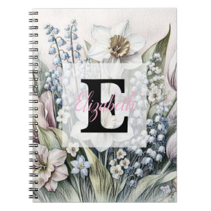 Monogram bloemtekening roze tulpen narcissen notitieboek