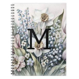 Monogram bloemtekening roze tulpen narcissen notitieboek