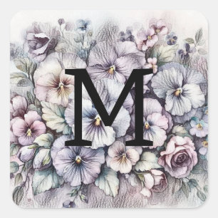 Monogram bloemtekening roze viooltjes bloemen vierkante sticker
