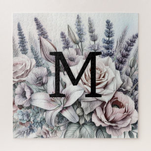 Monogram bloemtekening rozen lavendellelies legpuzzel