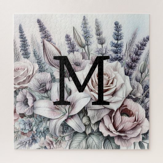 Monogram bloemtekening rozen lavendellelies legpuzzel (Verticaal)