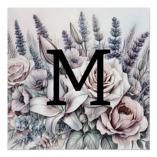 Monogram bloemtekening rozen lavendellelies perfect poster (Voorkant)