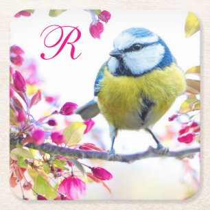 Monogram bloesem voor vogel en roze bloesems kartonnen onderzetters
