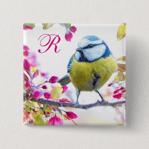 Monogram bloesem voor vogel en roze bloesems vierkante button 5,1 cm