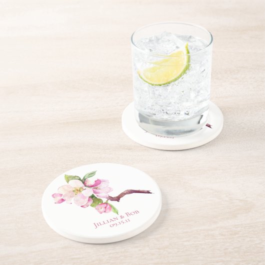 Monogram bloesems met roze en witte appel zandsteen onderzetter (Zijkant)