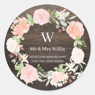 Monogram Blozen Roze Houten Rustieke Retouradres Ronde Sticker