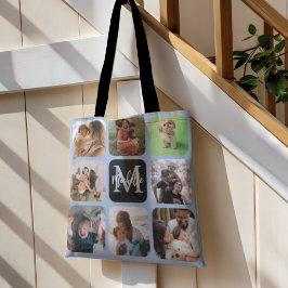 Monogram Blue 8 Foto Collage Boodschappentas Tote Bag