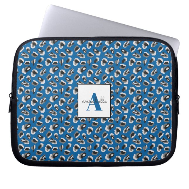Monogram Blue Animal Leopard print op maat Laptop Sleeve (Voorkant)