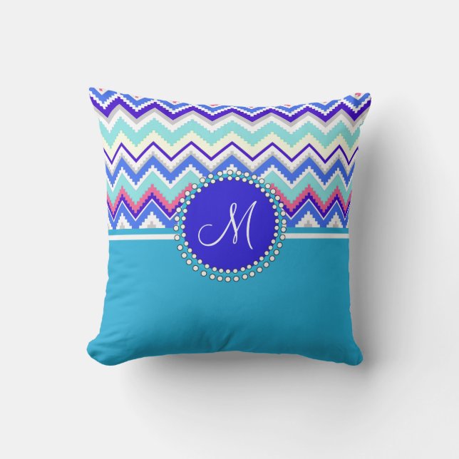 Monogram Blue Aztec Andes Chevron Zig Zags Kussen (Voorkant)