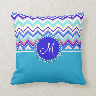 Monogram Blue Aztec Andes Chevron Zig Zags Kussen