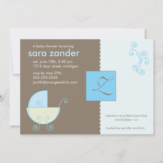 Monogram Blue Baby shower Invitation Kaart (Voorkant)