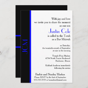 Monogram Blue Black Bar Mitzvah Kaart
