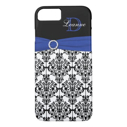 Monogram Blue Black White Damask iPhone 7 Hoesje (Achterkant)