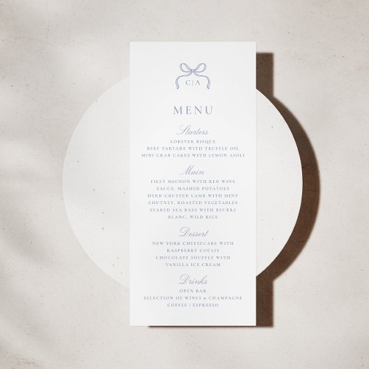 Monogram Blue Bow Wedding Menu Card Kaart