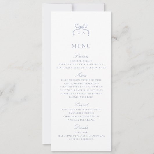 Monogram Blue Bow Wedding Menu Card Kaart (Voorkant)