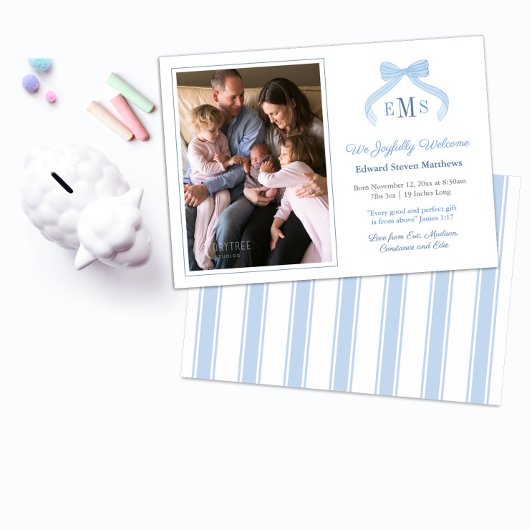 Monogram Blue Bow Welkom Baby Boy Foto Aankondiging