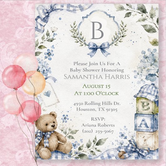 Monogram Blue Boy Baby Shower  Kaart