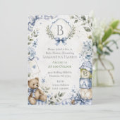 Monogram Blue Boy Baby Shower  Kaart (Staand voorkant)