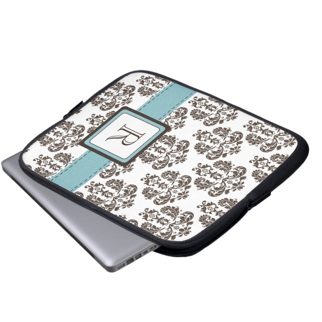 Monogram Blue Brown Damask-laptophoes Laptop Sleeve (Voorkant onderkant)