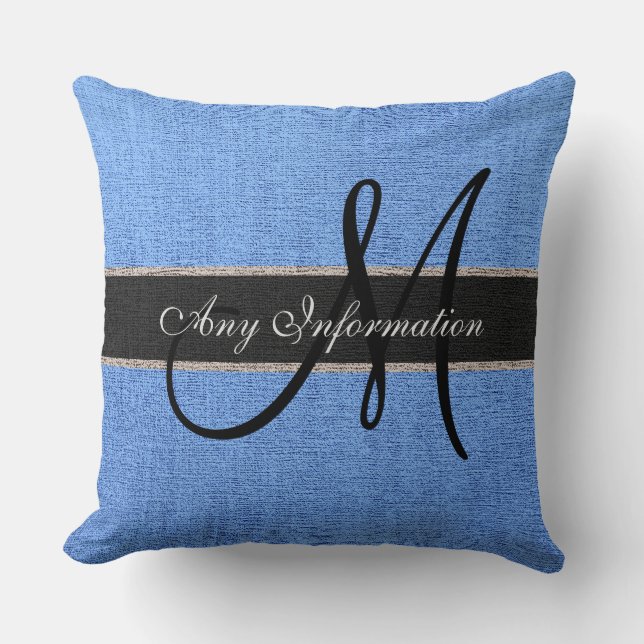 Monogram Blue Burlap Rustic Jute Kussen (Voorkant)