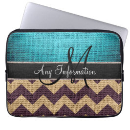 Monogram Blue Chevron Zigzag Burlap Jute Laptop Sleeve