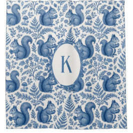 Monogram Blue Chinoiserie Squirrel Woodland Douchegordijn