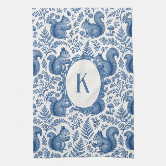 Monogram Blue Chinoiserie Squirrel Woodland Theedoek (Verticaal)