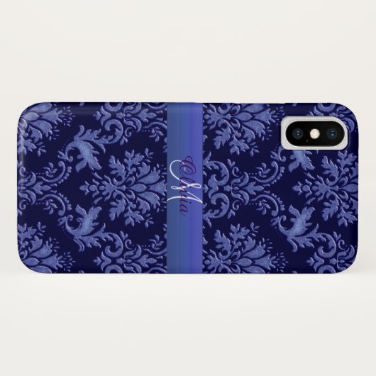 Monogram Blue Damask iPhone Case (Achterkant (horizontaal))