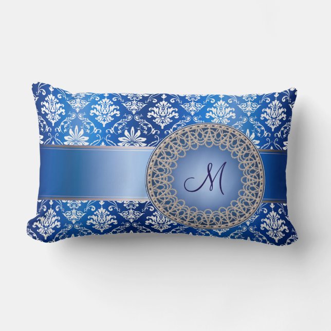 Monogram Blue Damask Kussen (Voorkant)