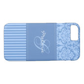 Monogram Blue Damask Stripe iPhone 7 Hoesje (Achterkant (Horizontaal))
