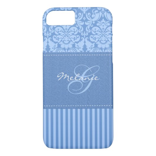 Monogram Blue Damask Stripe iPhone 7 Hoesje (Achterkant)