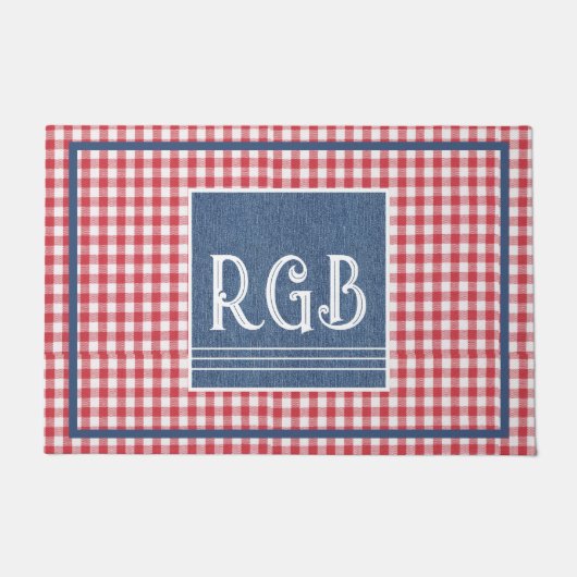 Monogram Blue Denim Red White Check Pattern Deurmat (Voorkant)