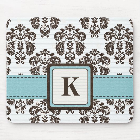 Monogram Blue en Brown Damask Muismat (Voorkant)