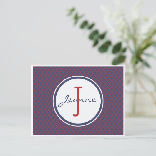 Monogram Blue en Red Quatrefoil Trellis Pattern Briefkaart (Staand voorkant)