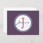 Monogram Blue en Red Quatrefoil Trellis Pattern Briefkaart (Voorkant / Achterkant)