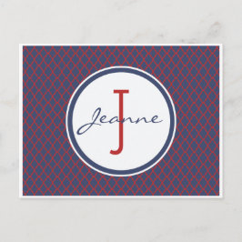 Monogram Blue en Red Quatrefoil Trellis Pattern Briefkaart
