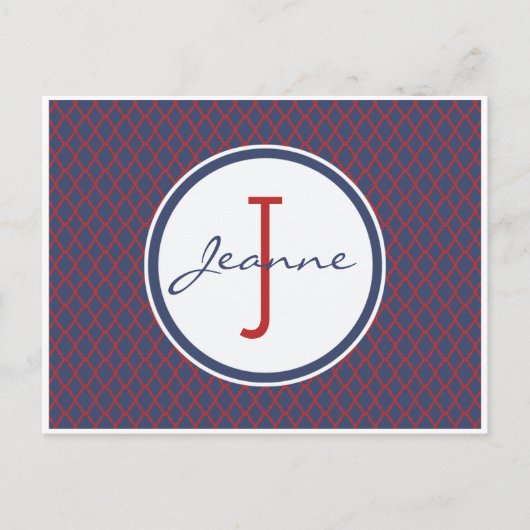 Monogram Blue en Red Quatrefoil Trellis Pattern Briefkaart (Voorkant)