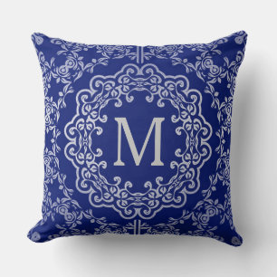 Monogram Blue en Silver Filigree Motif Sierkussen