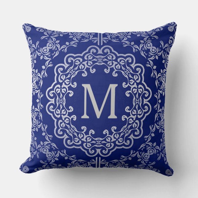 Monogram Blue en Silver Filigree Motif Sierkussen (Voorkant)