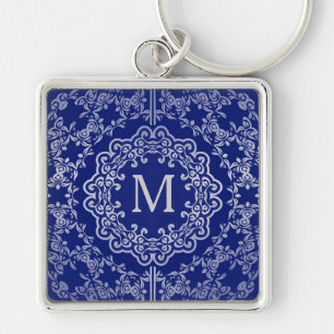 Monogram Blue en Silver Filigree Motif Sleutelhang Sleutelhanger