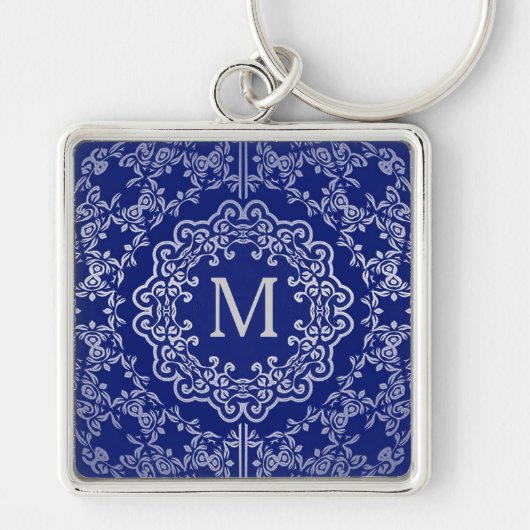 Monogram Blue en Silver Filigree Motif Sleutelhang Sleutelhanger (Voorkant)