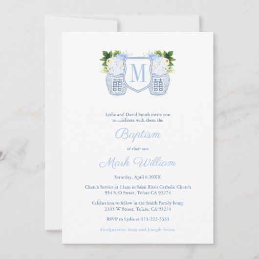 Monogram Blue en White Baby Christening Kaart (Voorkant)