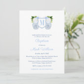 Monogram Blue en White Baby Christening Kaart (Staand voorkant)