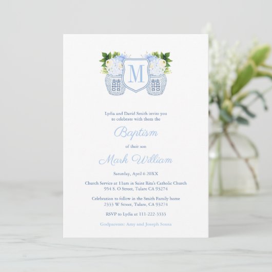 Monogram Blue en White Baby Christening Kaart (Staand voorkant)