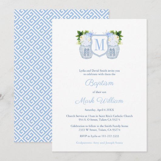Monogram Blue en White Baby Christening Kaart (Voorkant / Achterkant)