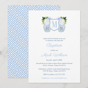 Monogram Blue en White Baby Christening Kaart