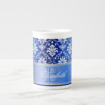 Monogram Blue en White Damask