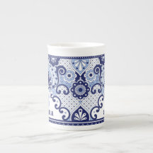 Monogram Blue en White Mexican Talavera Tegel Bone