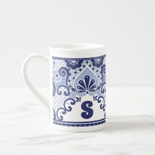 Monogram Blue en White Mexican Talavera Tegel Porselein Kop