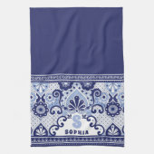 Monogram Blue en White Mexican Talavera Tegel Theedoek (Verticaal)